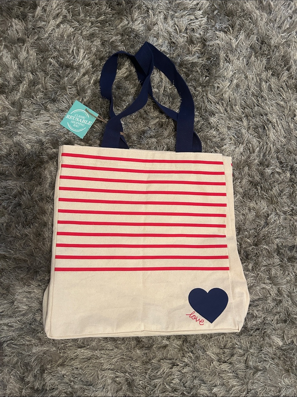 Canvas Stripe Tote Bag with Navy Heart